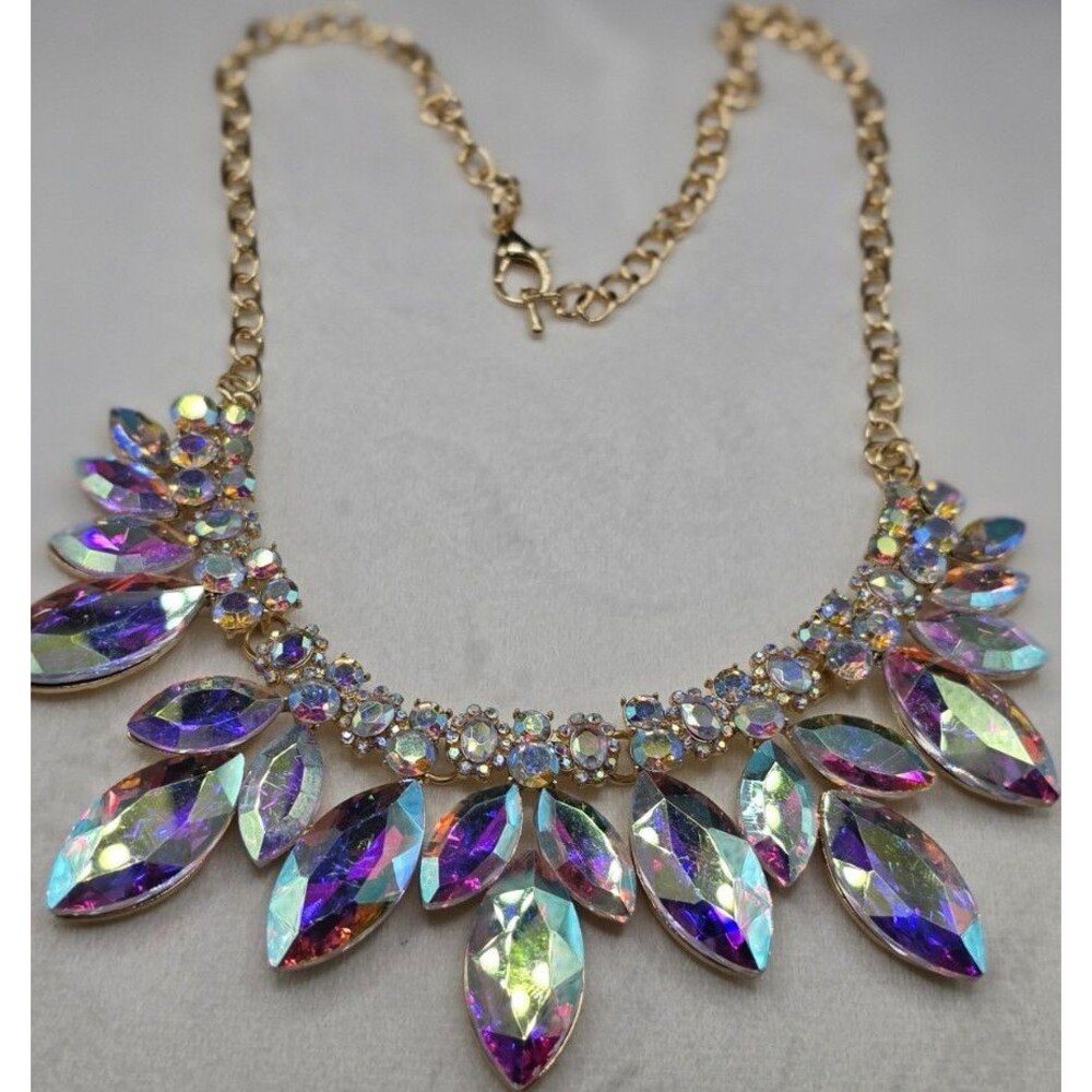 Gold Multicolor Marquise Statement Necklace Lobster Clasp